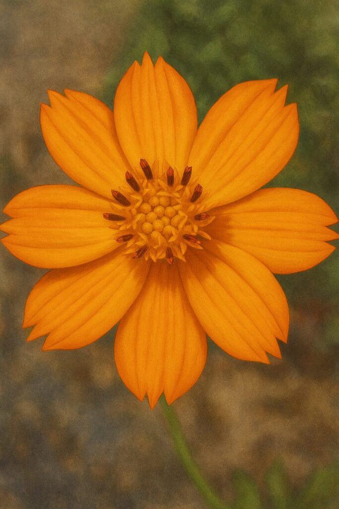 キバナコスモスの花を真上から描いたイラスト｜オレンジ色の花びらと中央の黄色い雄しべが映える構図