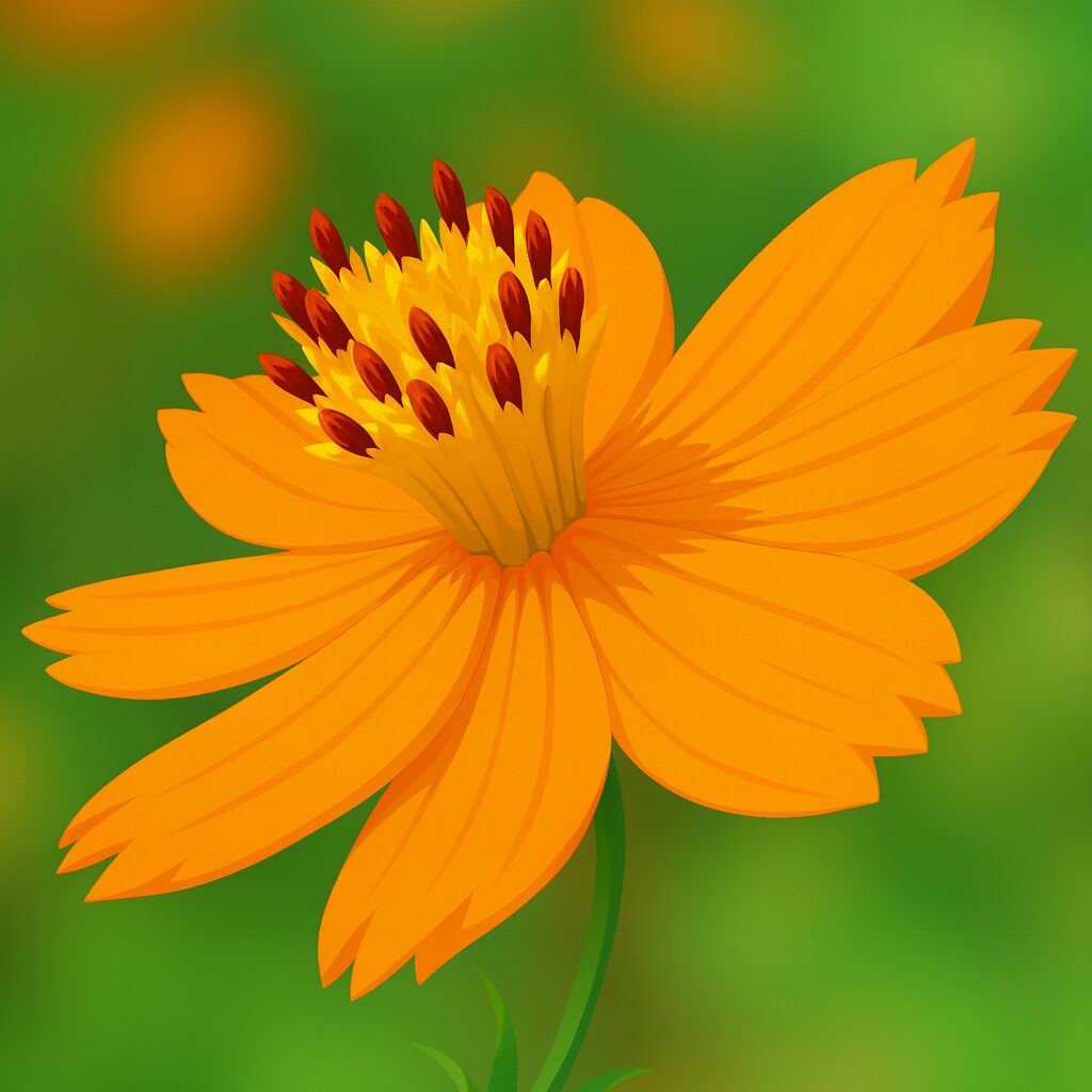 キバナコスモスの花をクローズアップで描いたイラスト｜オレンジ色の花びらと赤い先端を持つ雄しべが際立つ構図