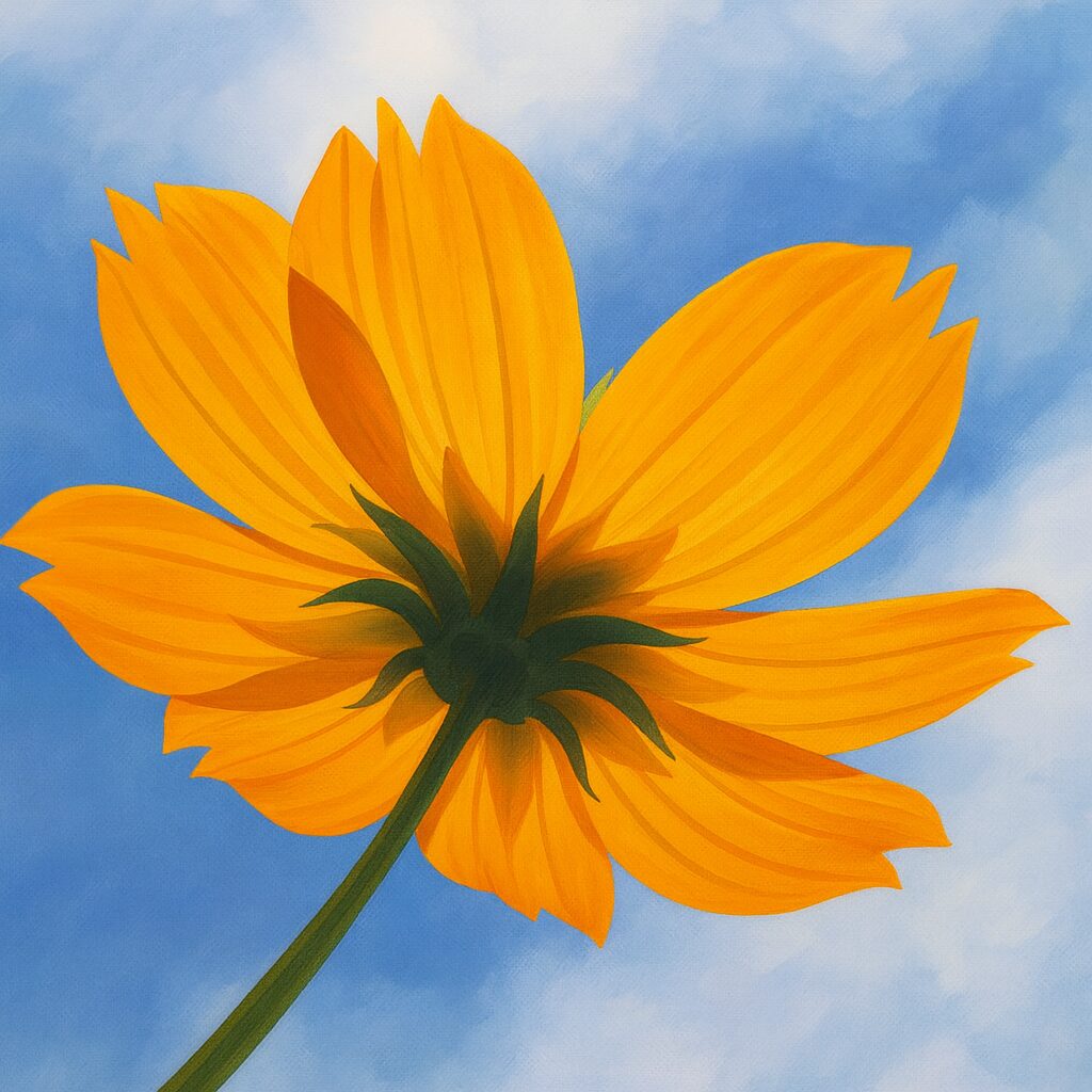 キバナコスモスの花を下から見上げて描いたイラスト｜青空と雲を背景に光を受けて映えるオレンジ色の花びら
