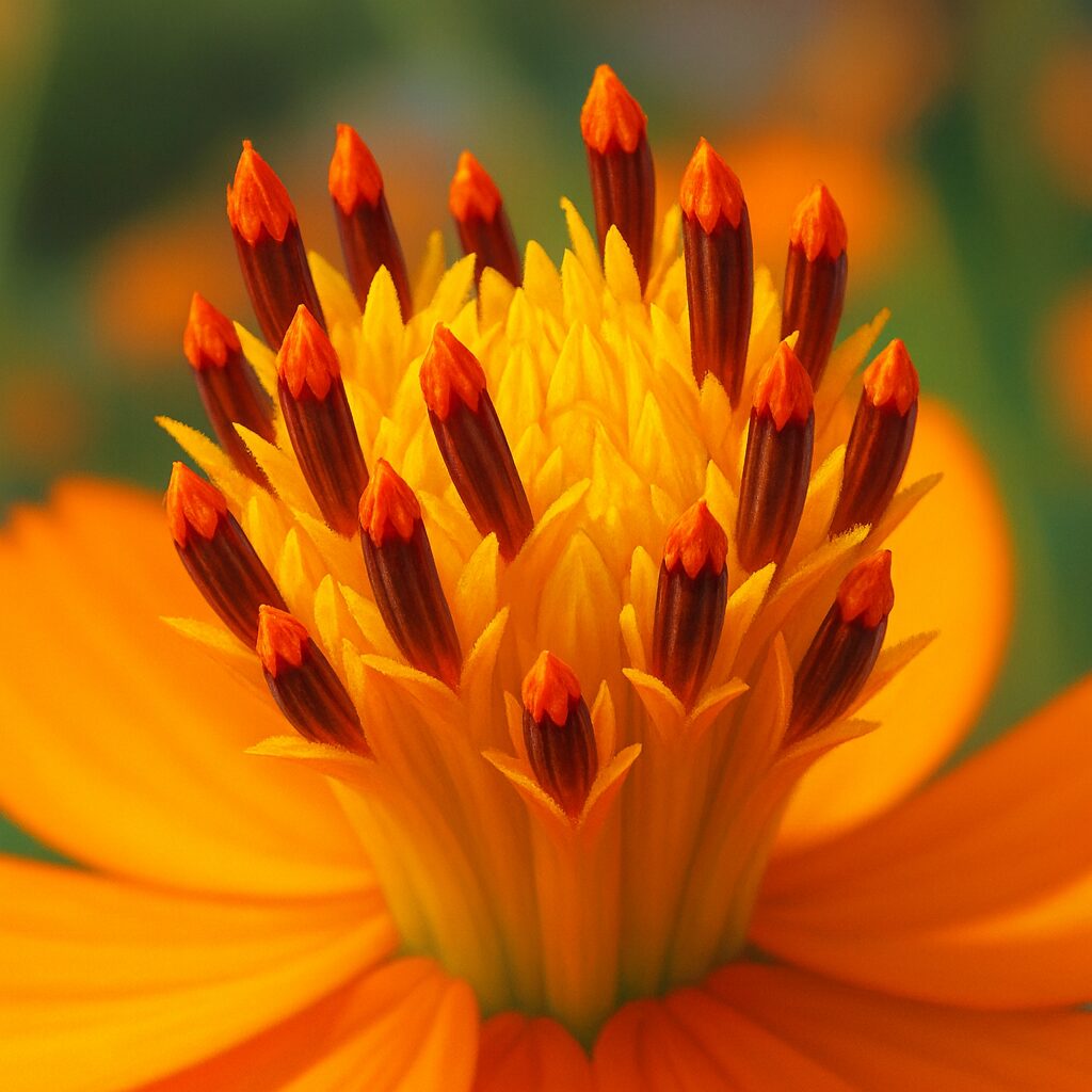 キバナコスモスの花芯をクローズアップで描いたイラスト｜黄色い雄しべと赤い先端が鮮やかに描かれた構図