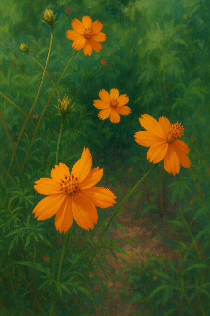 緑の草むらに咲く複数のキバナコスモスを描いたイラスト｜鮮やかなオレンジの花が群生する自然風景