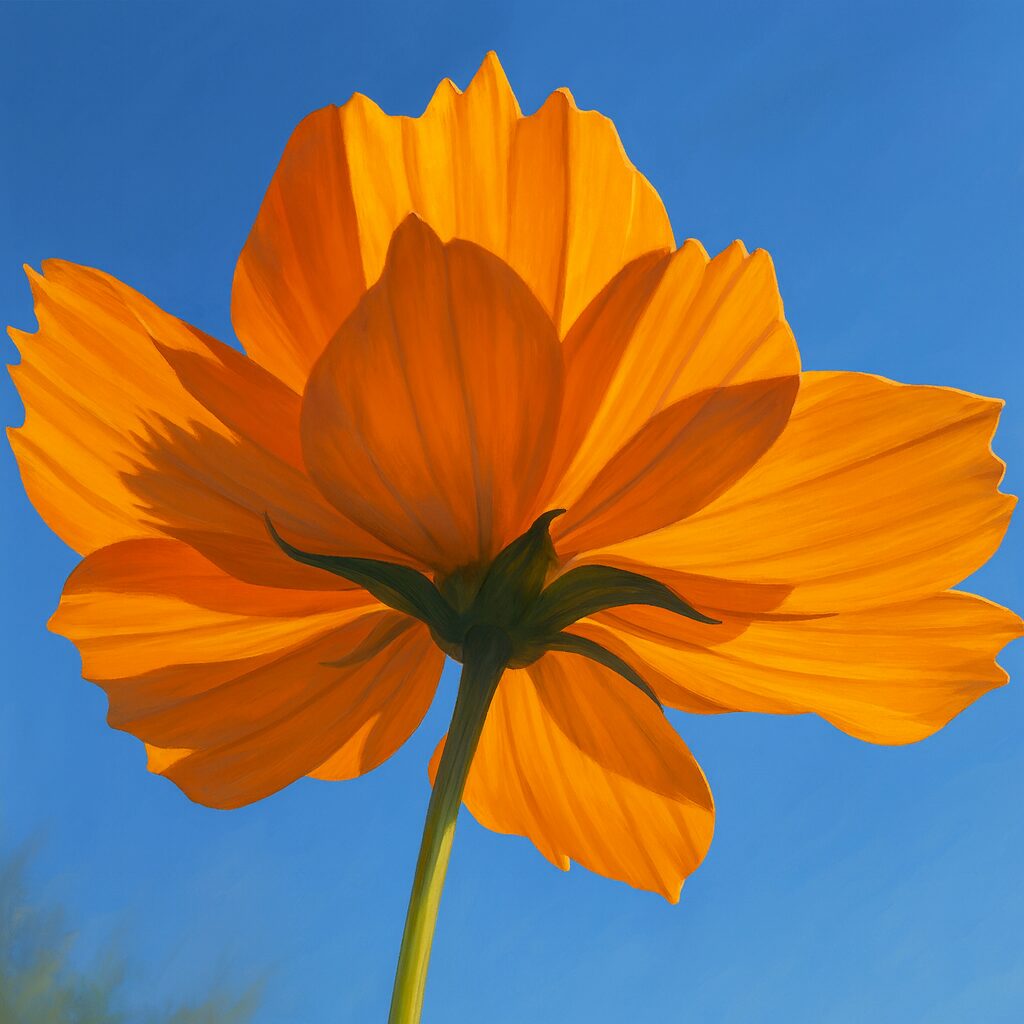 青空に映えるキバナコスモスを下から見上げた構図のプロレベルデジタルイラスト
