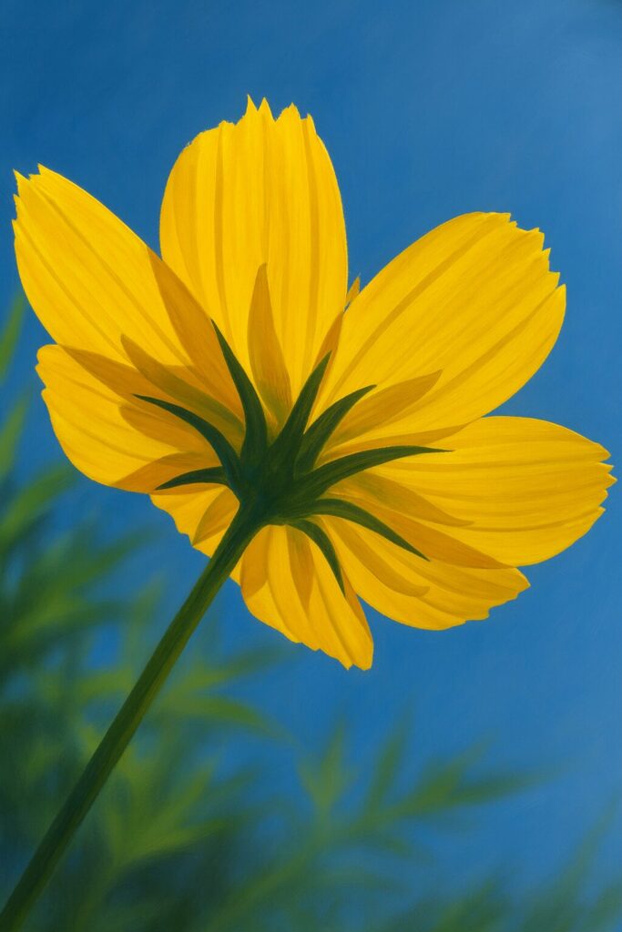 青空に映える黄色いキバナコスモスを下から見上げた構図のプロレベルデジタルイラスト