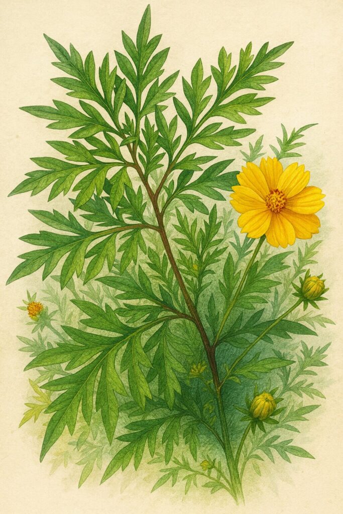 キバナコスモスの特徴的な切れ込み葉と黄色い花を描いたプロレベルのボタニカルイラスト