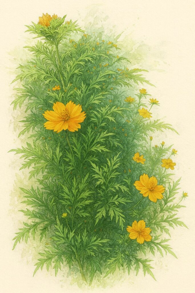 群生するキバナコスモスの花と葉を描いたプロレベルのボタニカルイラスト