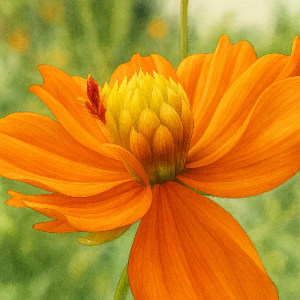 中央に黄色い蕾を残したオレンジ色のキバナコスモスを描いたプロレベルのデジタルイラスト