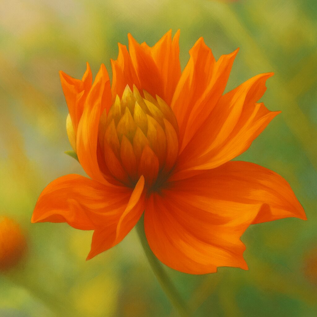 開花途中のオレンジ色のキバナコスモスを描いたプロレベルのデジタルイラスト