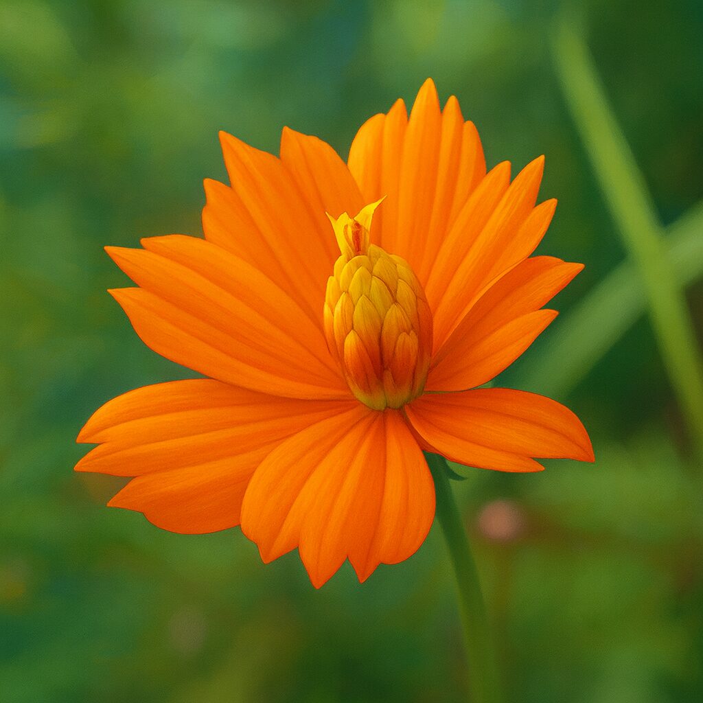 咲き始めのオレンジ色のキバナコスモスを描いたプロレベルのデジタルイラスト