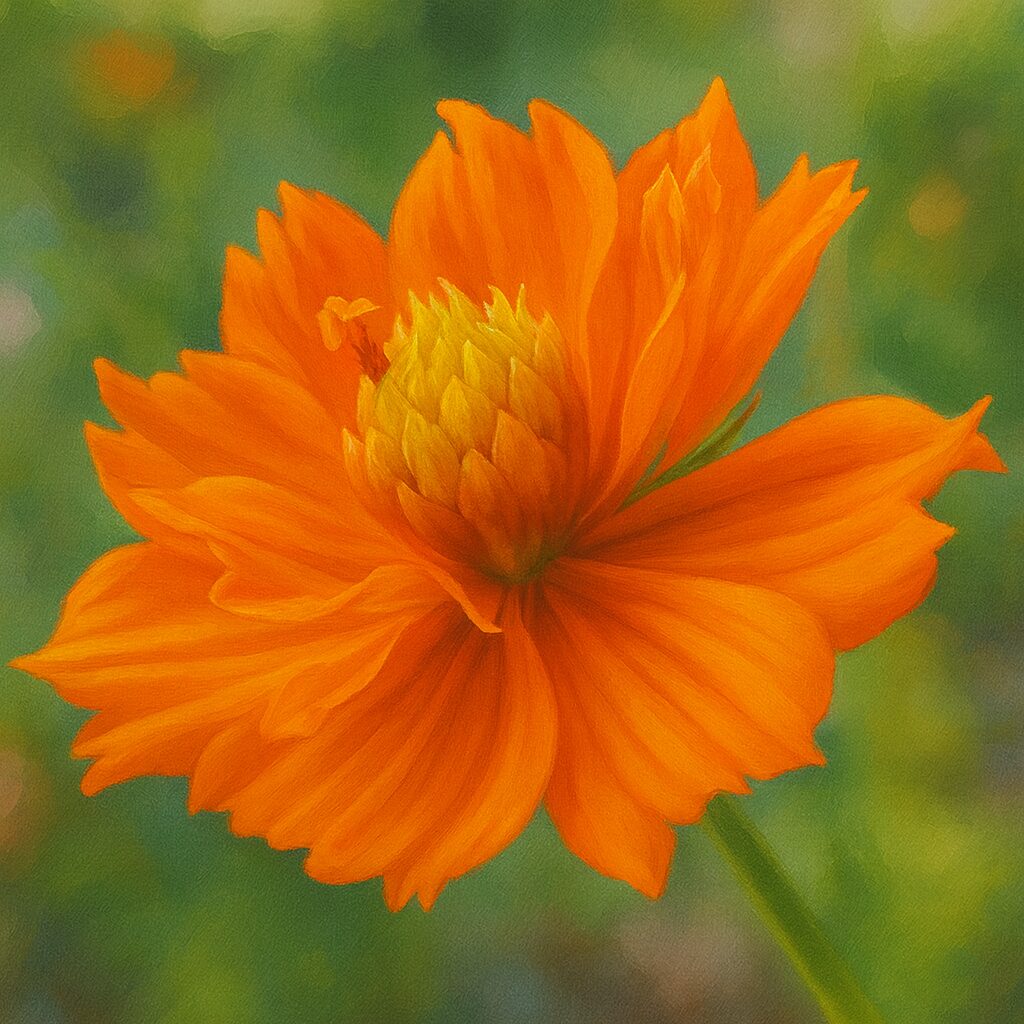 オレンジ色のキバナコスモスを写実的に描いたプロレベルのデジタルイラスト