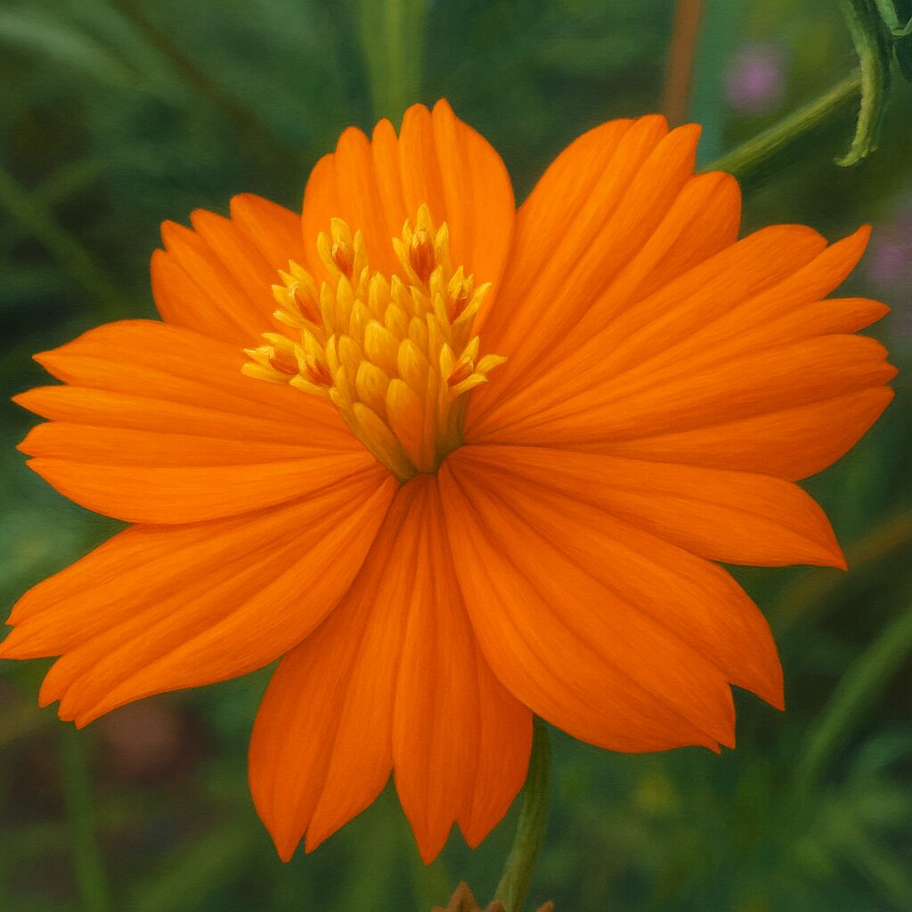 満開のオレンジ色のキバナコスモスを写実的に描いたプロレベルのデジタルイラスト