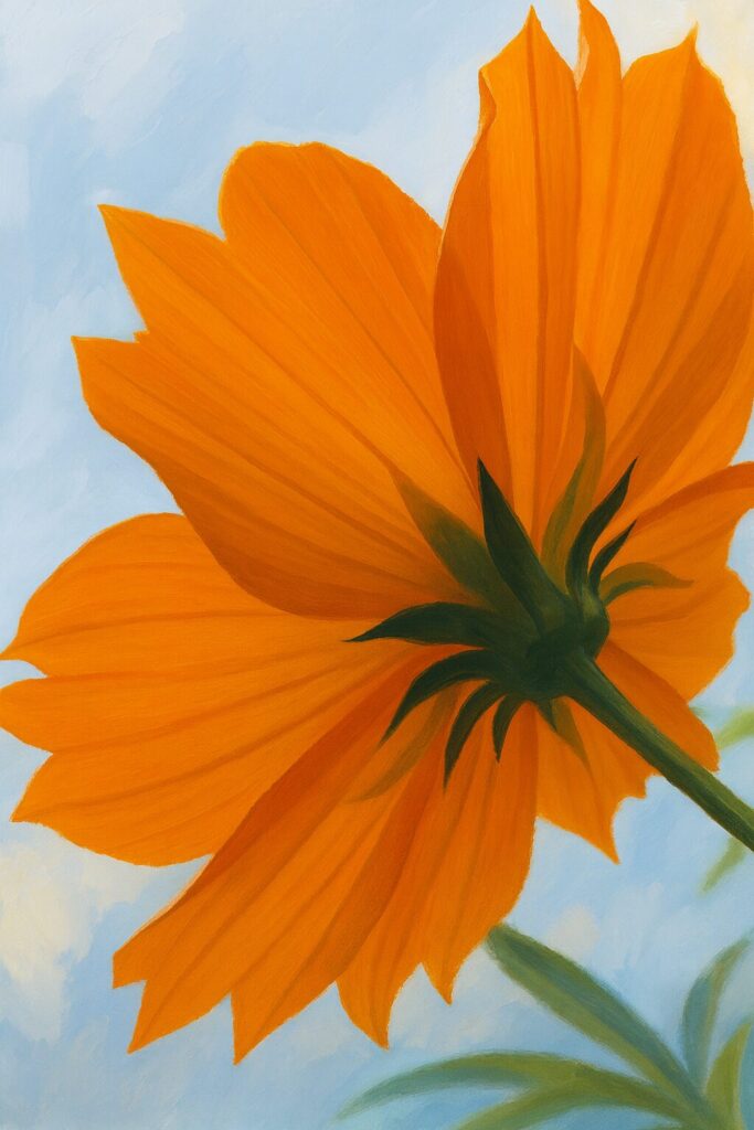 青空を背景に下から見上げたオレンジ色のキバナコスモスを描いたプロレベルのデジタルイラスト