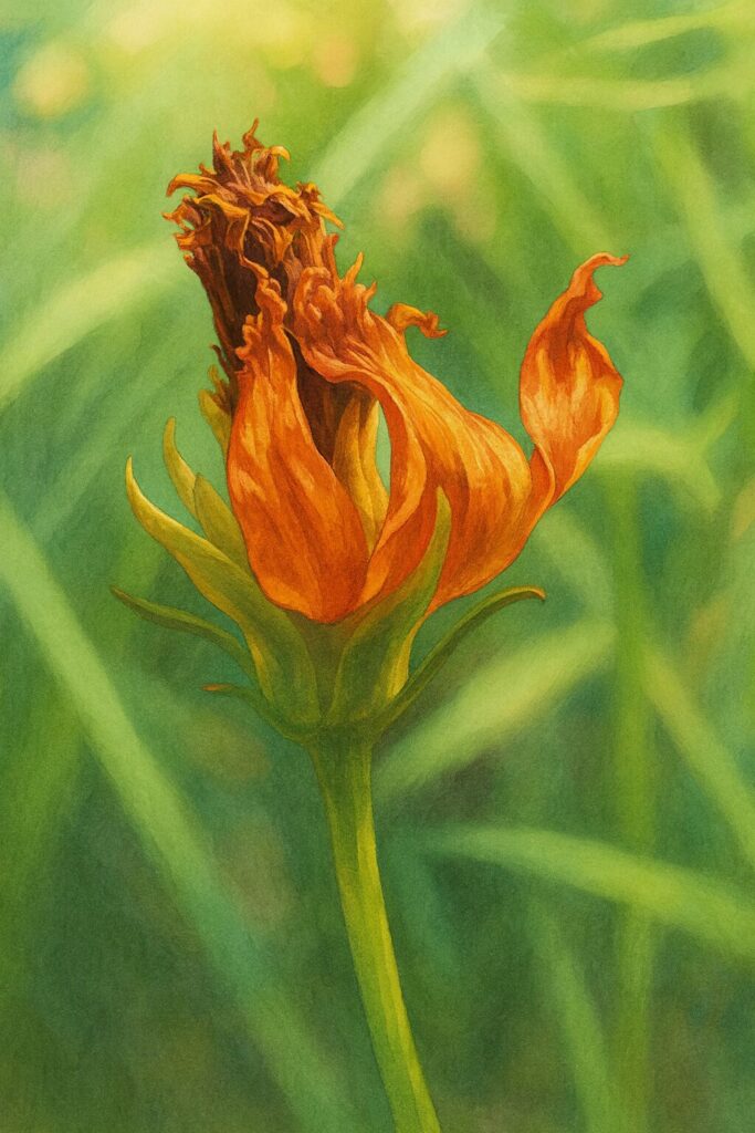 枯れかけたオレンジ色のキバナコスモスを写実的に描いたプロレベルのデジタルイラスト