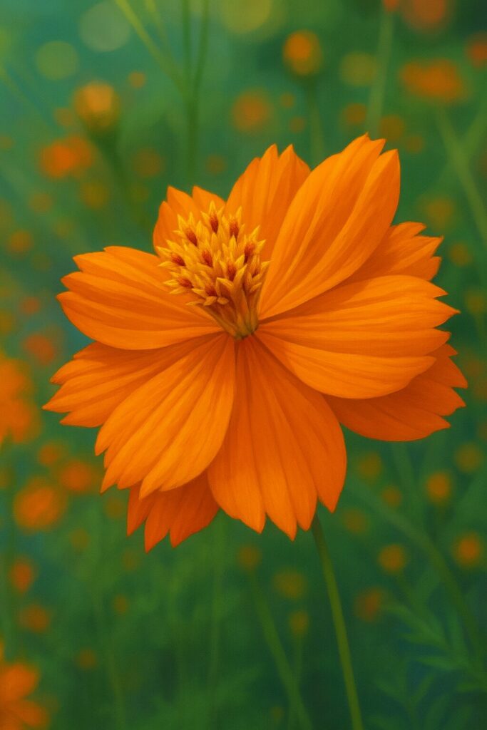 野原に咲くオレンジ色のキバナコスモスを描いたプロレベルのデジタルイラスト