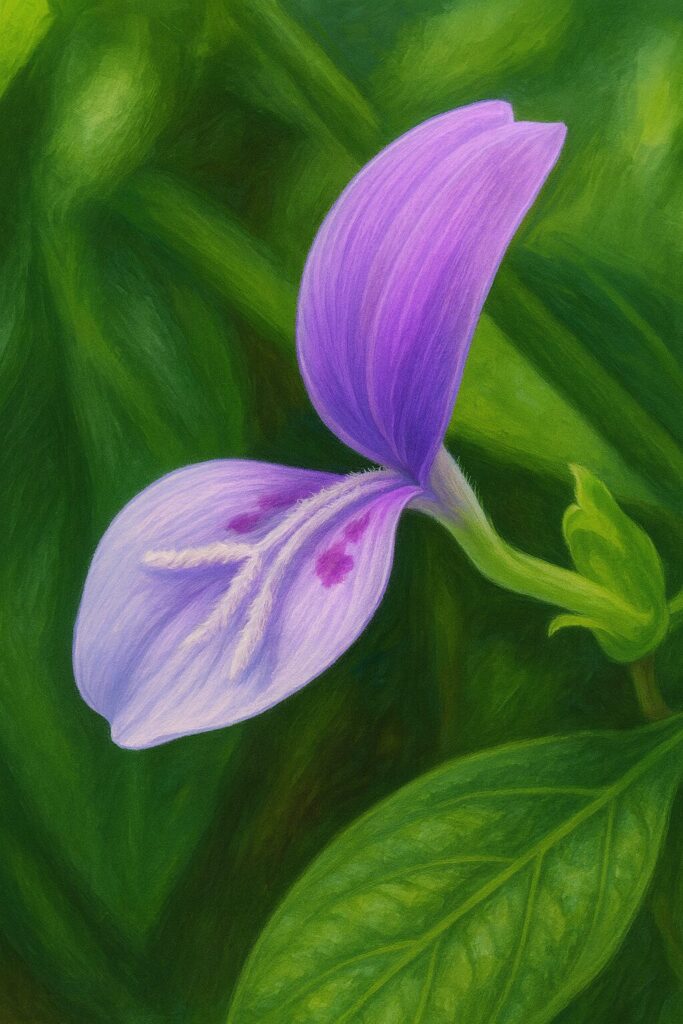 ハグロソウの花のリアルな植物画イラスト｜紫色の花弁と緑の葉が映える構図