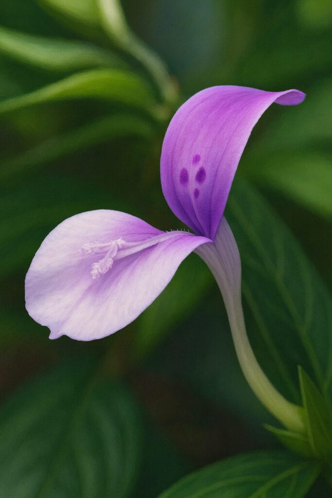 ハグロソウの花のリアルな植物画イラスト｜紫色と白が混ざる花弁を描いた美しい構図