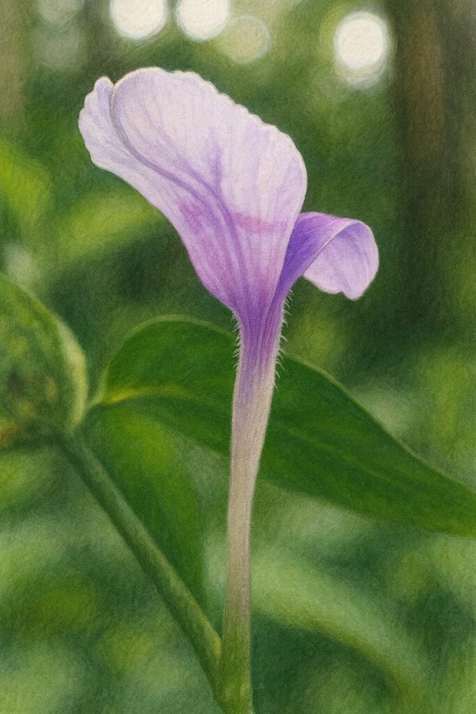 ハグロソウの花の植物画イラスト｜薄紫の花弁と柔らかな茎をリアルに描いた構図