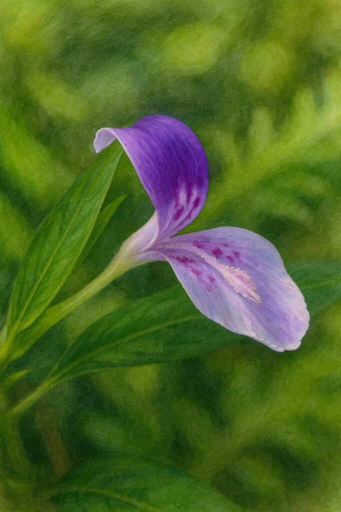 ハグロソウの花の植物画イラスト｜紫色と淡いピンクの花弁を横から描いたリアルな構図