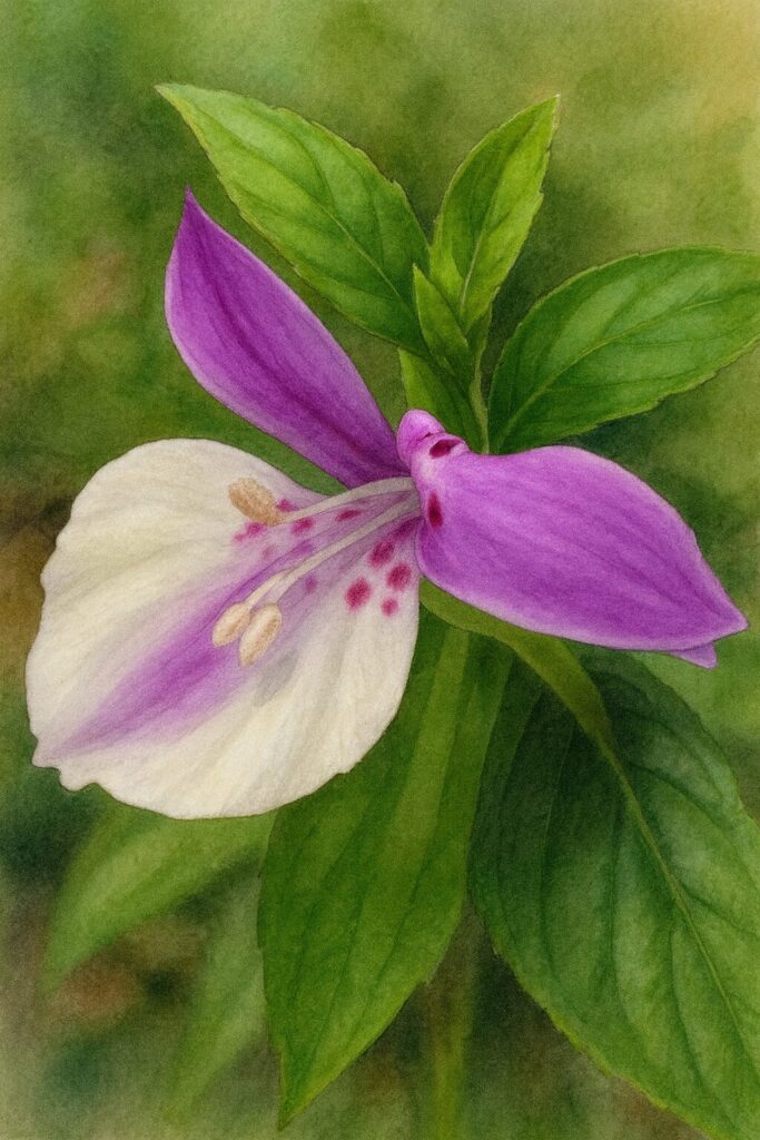 ハグロソウの花の植物画イラスト｜白と紫の花弁と紅色の斑点をリアルに描いた正面構図