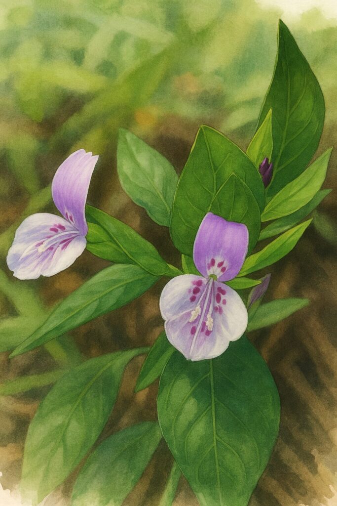 ハグロソウの花の植物画イラスト｜紫と白の花弁が並んで咲く様子を描いたリアルな構図