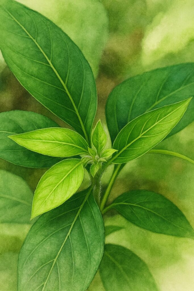 ハグロソウの新芽の植物画イラスト｜若葉と芽吹きをリアルに描いた構図