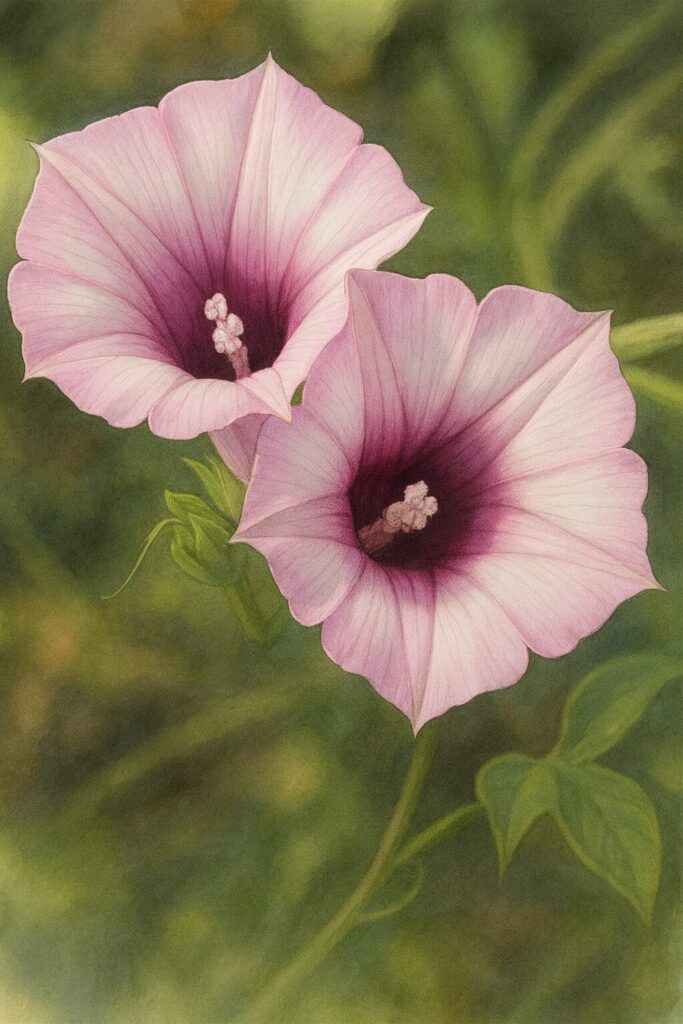 日本の秋に咲くホシアサガオ（星朝顔）の花を上品に描いたボタニカルアート風イラスト