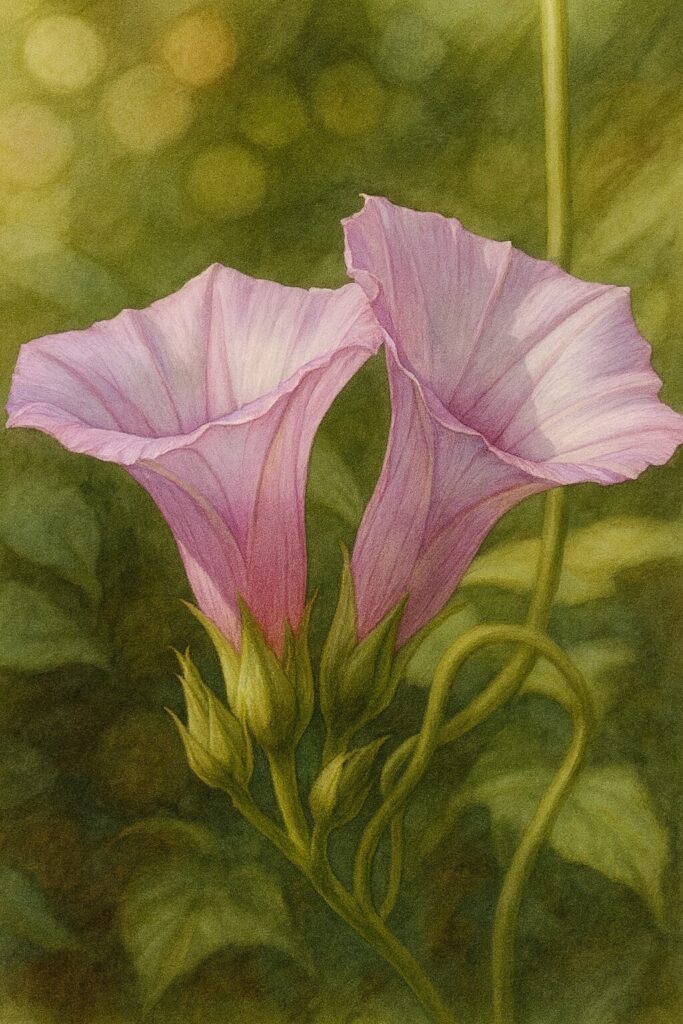 日本の秋に咲くホシアサガオ（星朝顔）の2輪の花を写実的に描いたボタニカルアート風イラスト