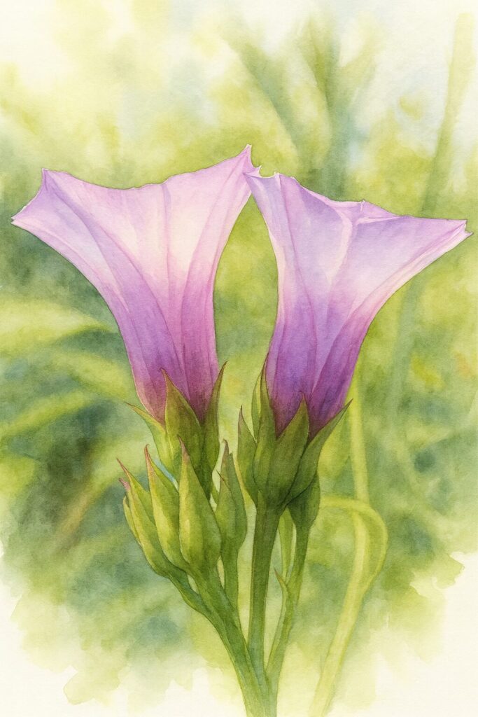 日本の秋に咲くホシアサガオ（星朝顔）の2輪の花を柔らかく描いたボタニカルアート風イラスト