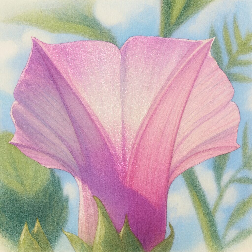 秋の青空を背景に逆光で輝くホシアサガオ（星朝顔）の花を描いたボタニカルアート風イラスト