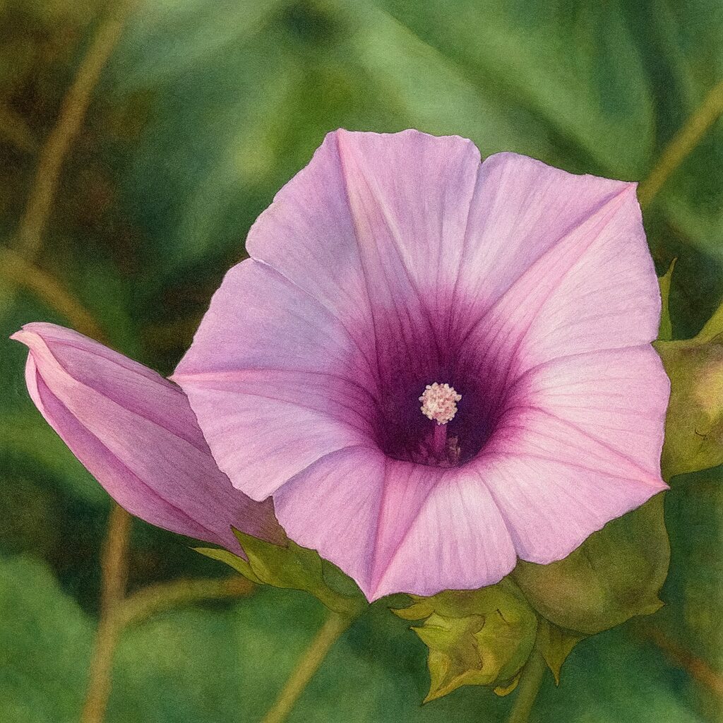 日本の秋に咲くホシアサガオ（星朝顔）の花を上から見た構図で描いた写実的なボタニカルアート風イラスト