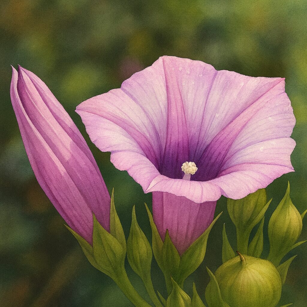 日本の秋に咲くホシアサガオ（星朝顔）の花と蕾を写実的に描いたボタニカルアート風イラスト