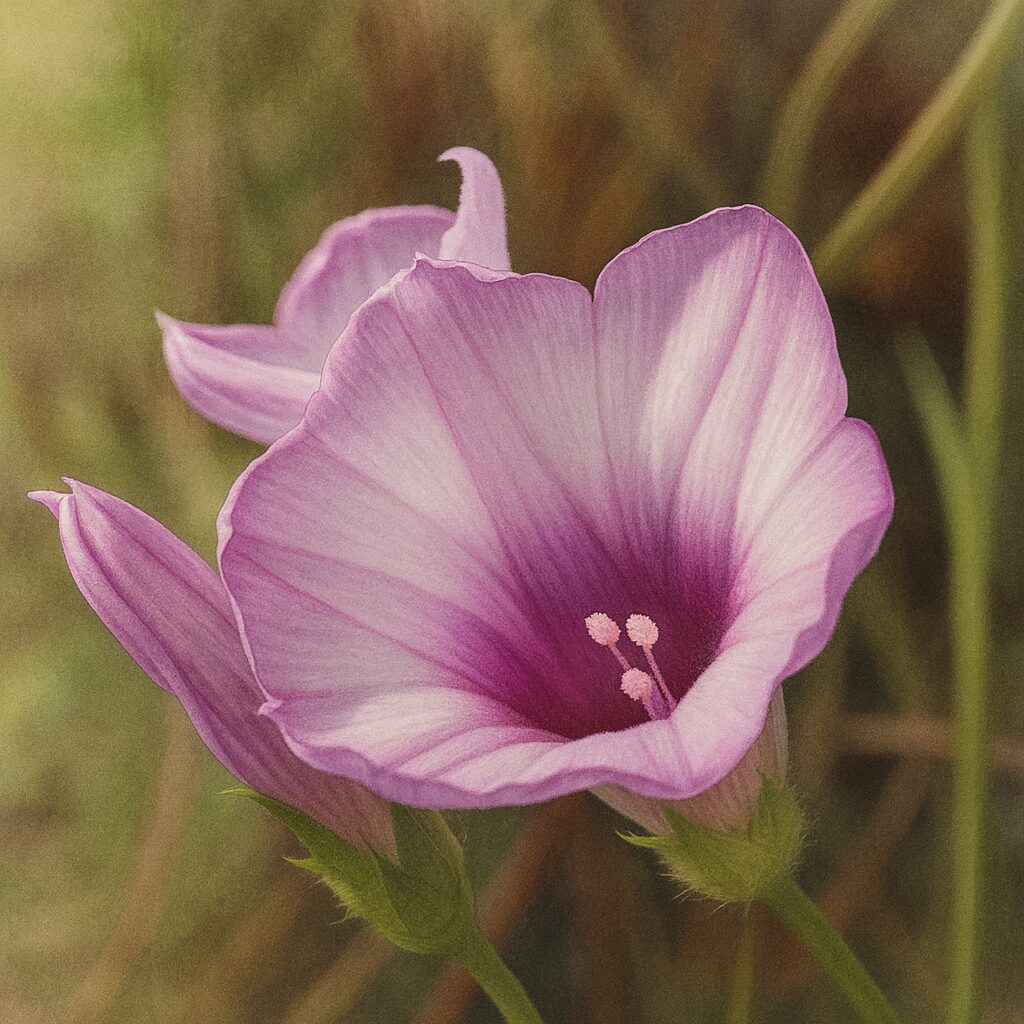日本の秋に咲くホシアサガオ（星朝顔）の花を柔らかな光の中で描いた写実的なボタニカルアート風イラスト