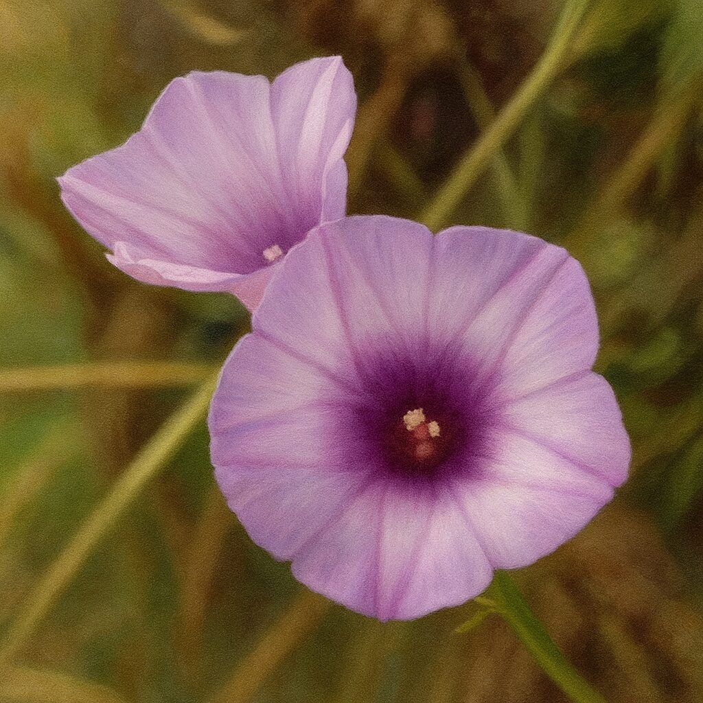 日本の秋に咲くホシアサガオ（星朝顔）の花を2輪描いた写実的なボタニカルアート風イラスト