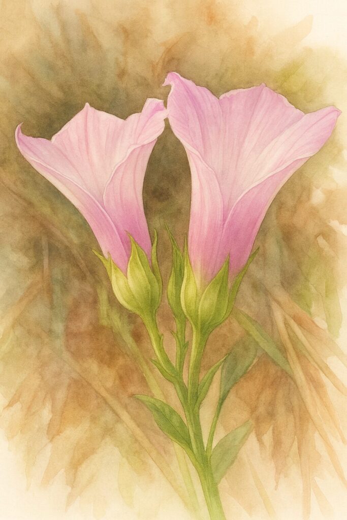 日本の秋に咲くホシアサガオ（星朝顔）の2輪の花を柔らかく描いたボタニカルアート風イラスト