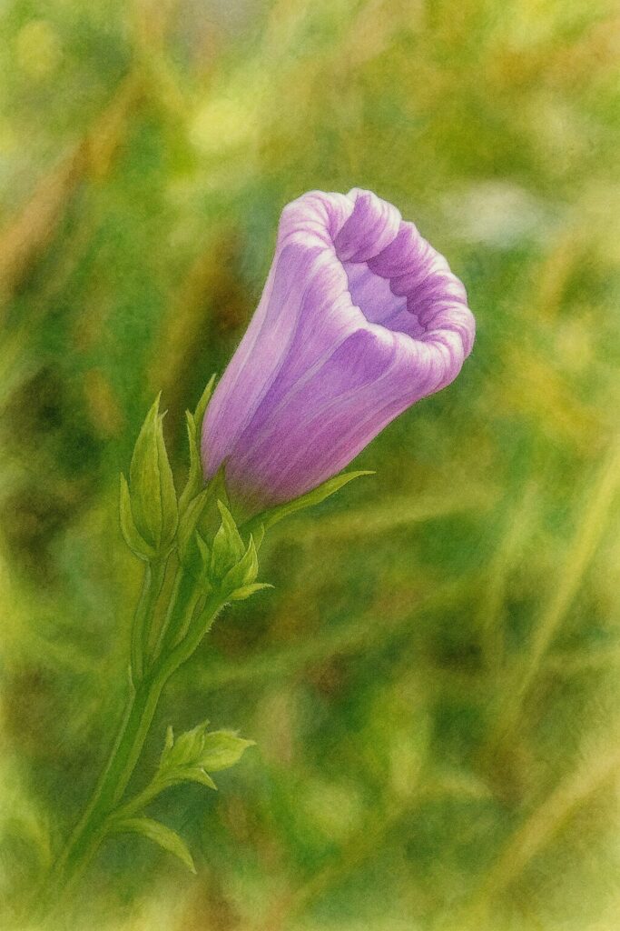 秋のホシアサガオ（星朝顔）の蕾が咲き始める瞬間を写実的に描いたボタニカルアート風イラスト