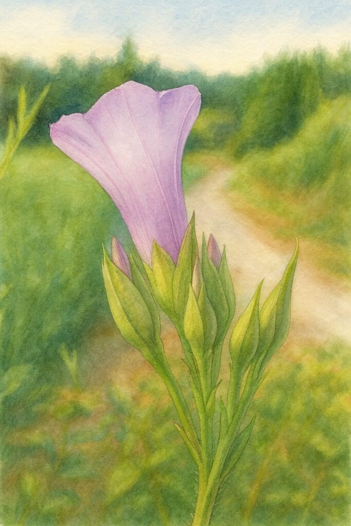 秋の田園風景を背景に咲くホシアサガオ（星朝顔）の花を写実的に描いたボタニカルアート風イラスト