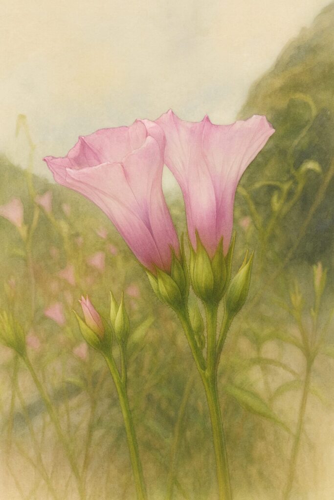 秋の野原で寄り添うように咲くホシアサガオ（星朝顔）の2輪の花を写実的に描いたボタニカルアート風イラスト