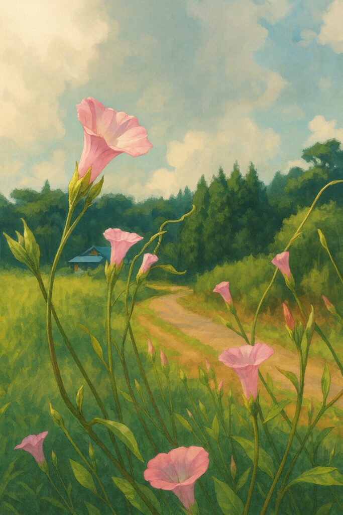 田舎の小道と緑の草原を背景にホシアサガオ（星朝顔）が咲く美しい自然風景のイラスト