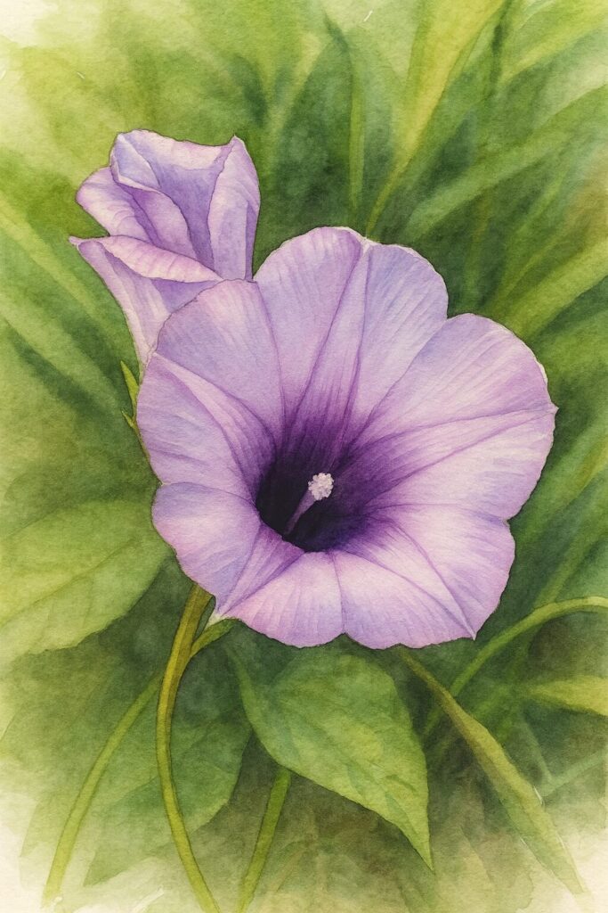 ホシアサガオ（星朝顔）の紫色の花をリアルに描いたボタニカルイラスト｜柔らかな緑の葉を背景に咲く姿