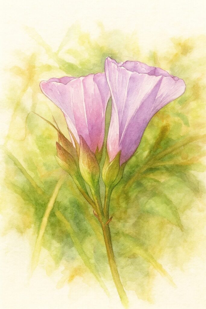 ホシアサガオ（星朝顔）のつぼみと開花直前の花を描いた水彩風ボタニカルイラスト｜自然光に輝く淡い紫ピンクの花びら