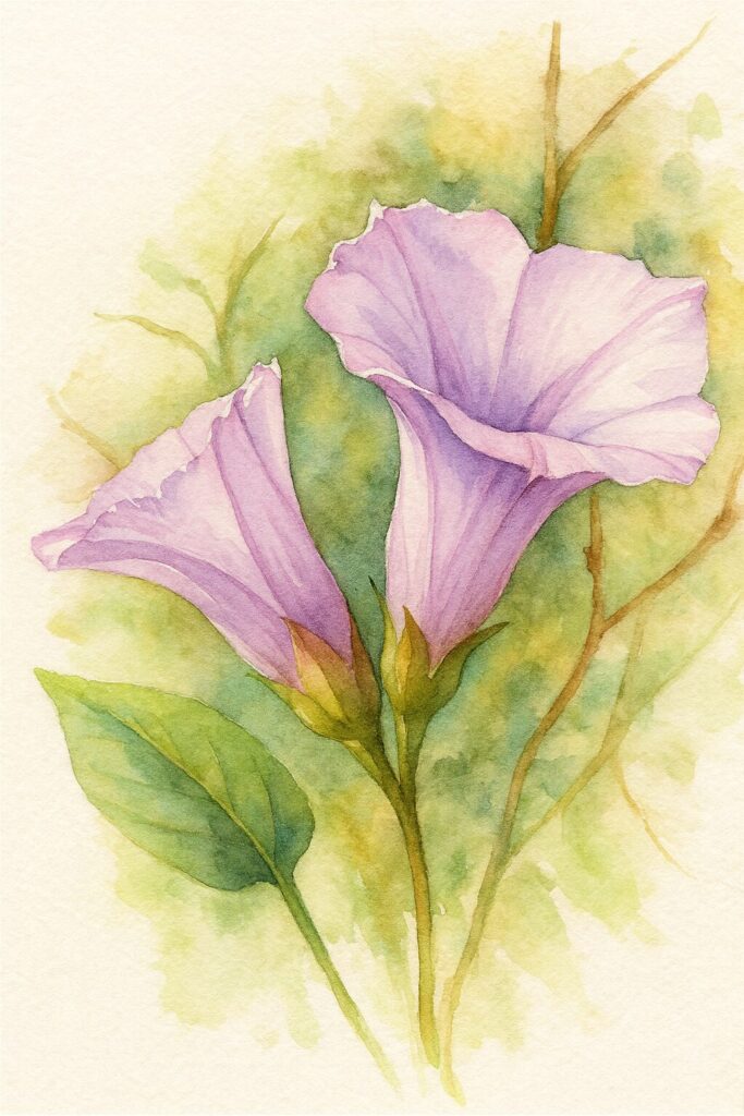 ホシアサガオ（星朝顔）の二輪の花を柔らかな筆致で描いたボタニカルイラスト｜淡紫色の花が寄り添う水彩画風デザイン