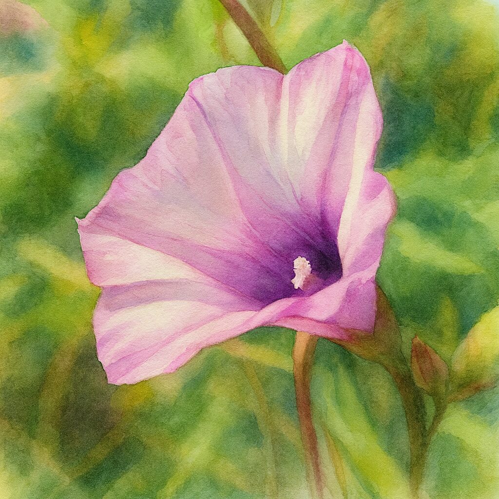 ホシアサガオ（星朝顔）の花を柔らかな光の中で描いた水彩ボタニカルイラスト｜淡いピンクから紫へとグラデーションする花びら