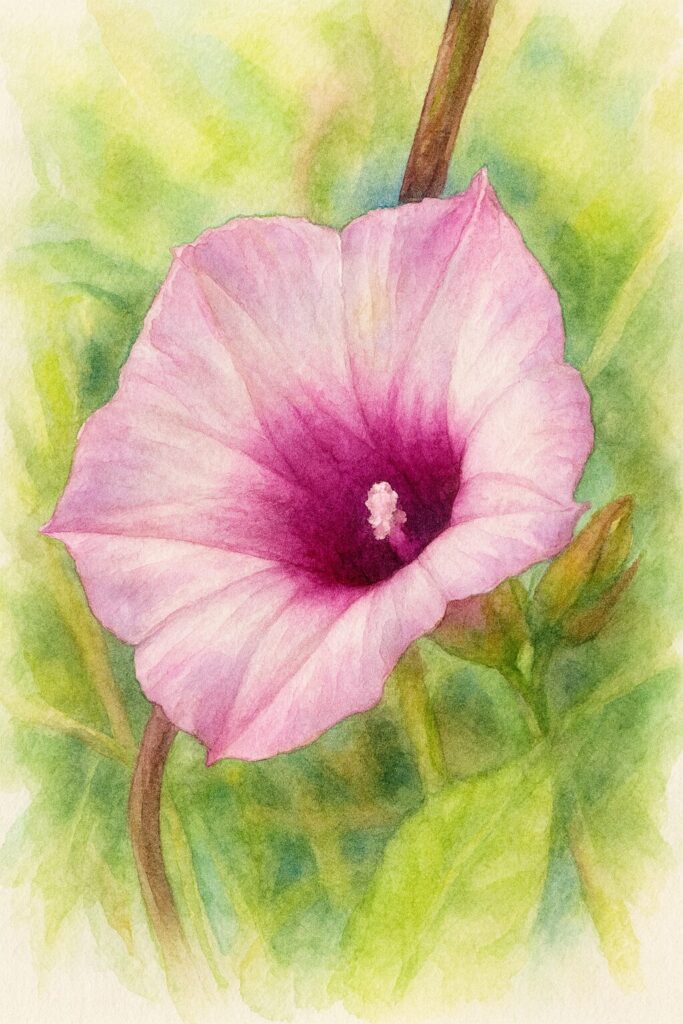 ホシアサガオ（星朝顔）の花を柔らかな水彩で描いたボタニカルイラスト｜淡いピンクの花びらと濃紫の中心が映えるデザイン