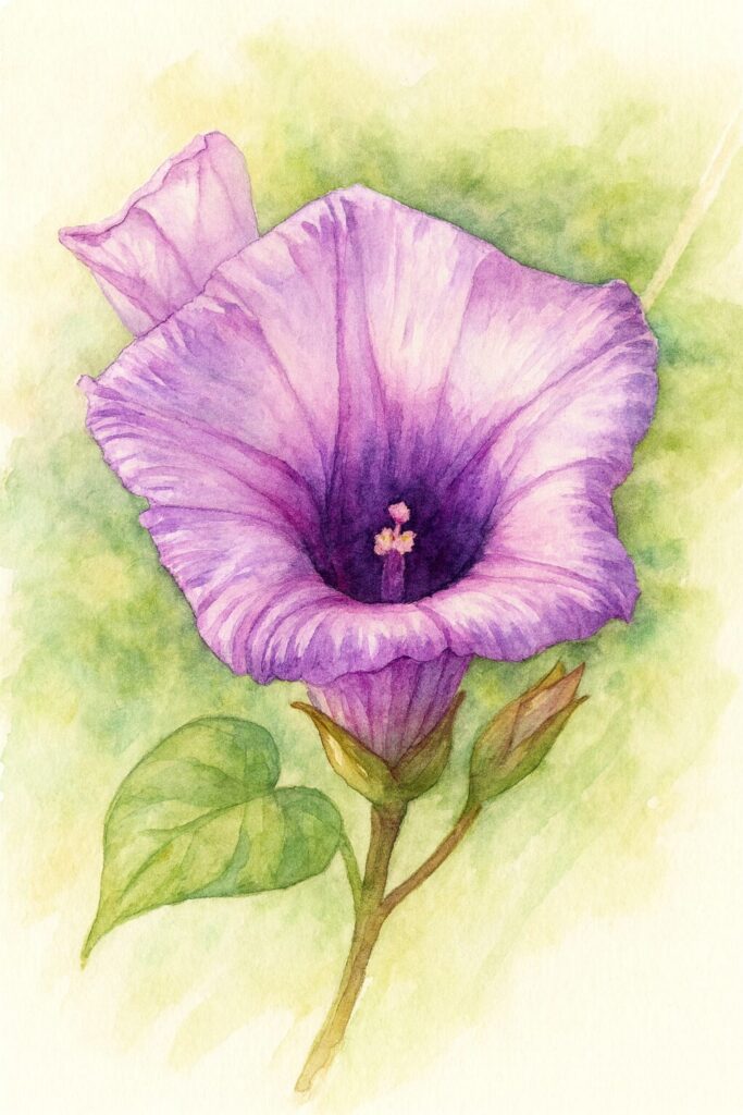 ホシアサガオ（星朝顔）の花を丁寧に描いた水彩ボタニカルイラスト｜淡紫の花びらと濃い中心が調和する繊細な作品