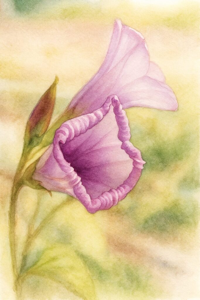 ホシアサガオ（星朝顔）の開花直前の花を描いた水彩ボタニカルイラスト｜淡紫色の花が柔らかく光を受ける美しい構図