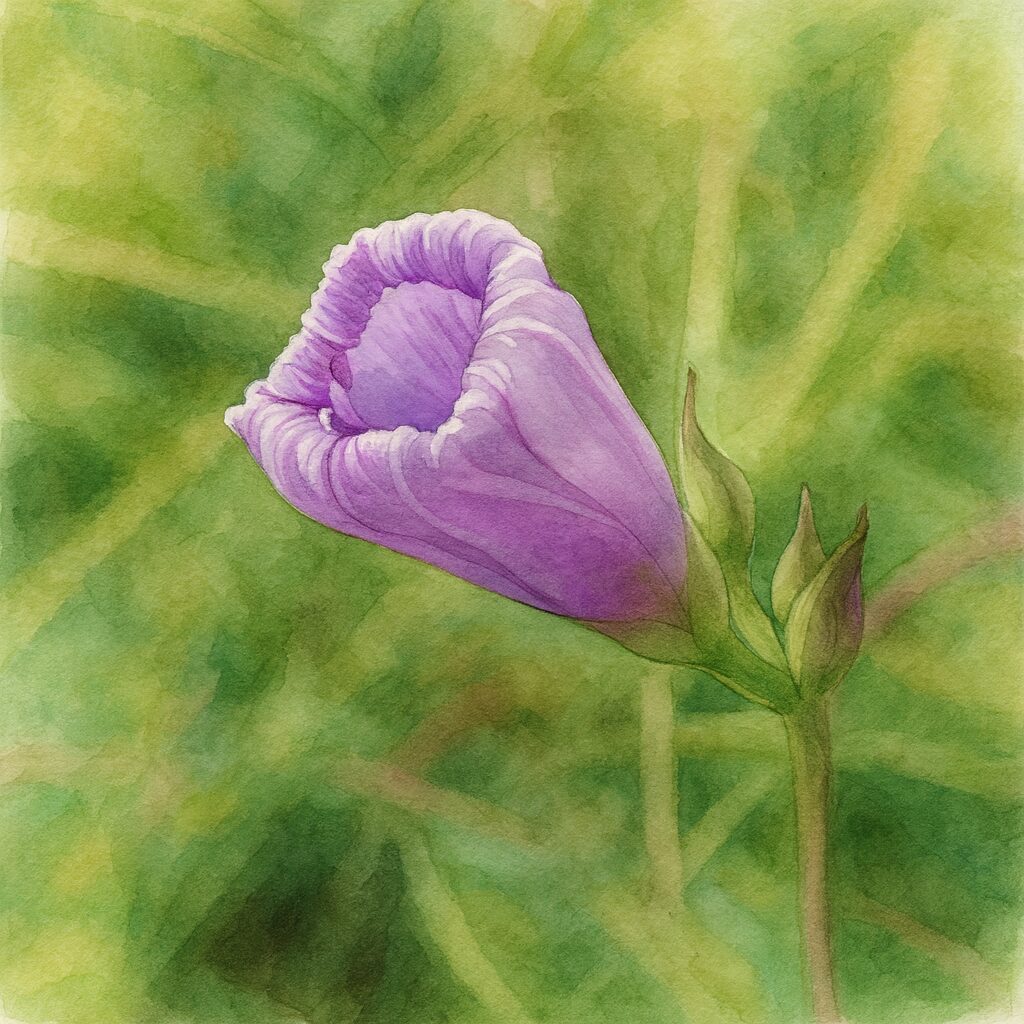 ホシアサガオ（星朝顔）のつぼみを繊細に描いた水彩ボタニカルイラスト｜淡紫の花が柔らかい光に包まれる構図