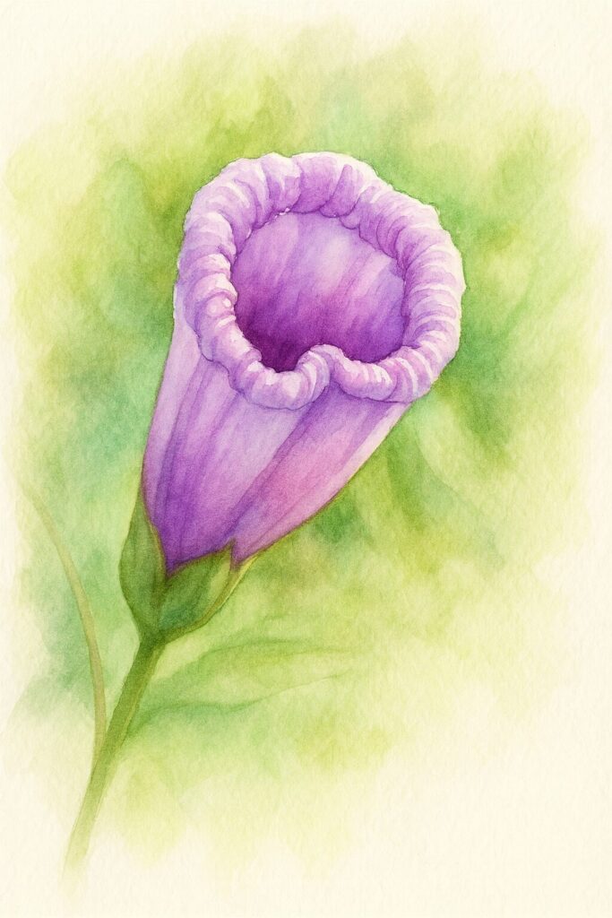 ホシアサガオ（星朝顔）のつぼみを上から見た構図の水彩ボタニカルイラスト｜淡紫の花が咲く直前の柔らかな表現