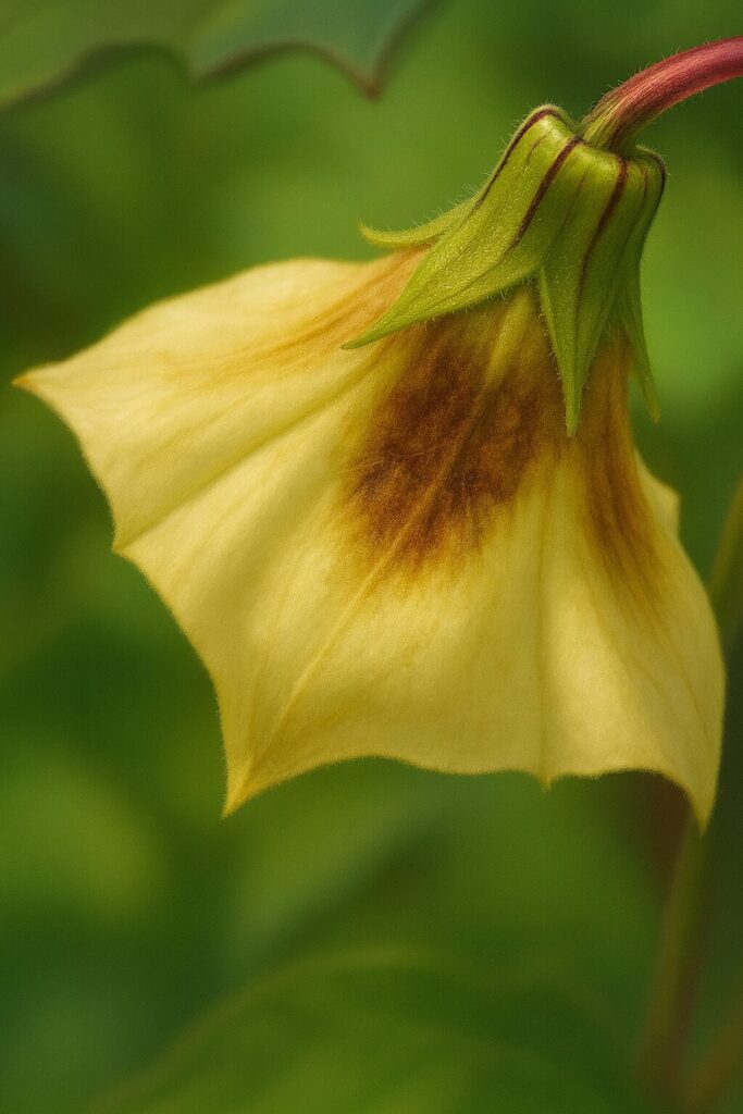 秋の日本で咲くヒロハフウリンホオズキのクリーム色の花をリアルに描いた植物イラスト