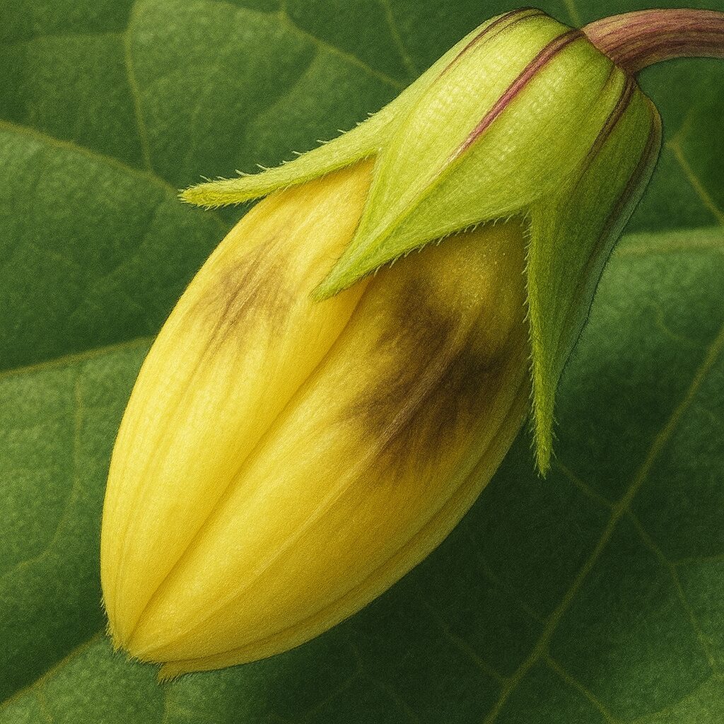 秋の日本で見られるヒロハフウリンホオズキの黄色いつぼみをリアルに描いた植物イラスト