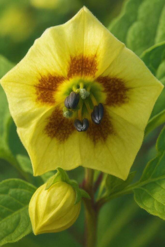 秋の日本で咲くヒロハフウリンホオズキの黄色い花をリアルに描いた植物イラスト。中心に茶色の模様と黒い雄しべがある