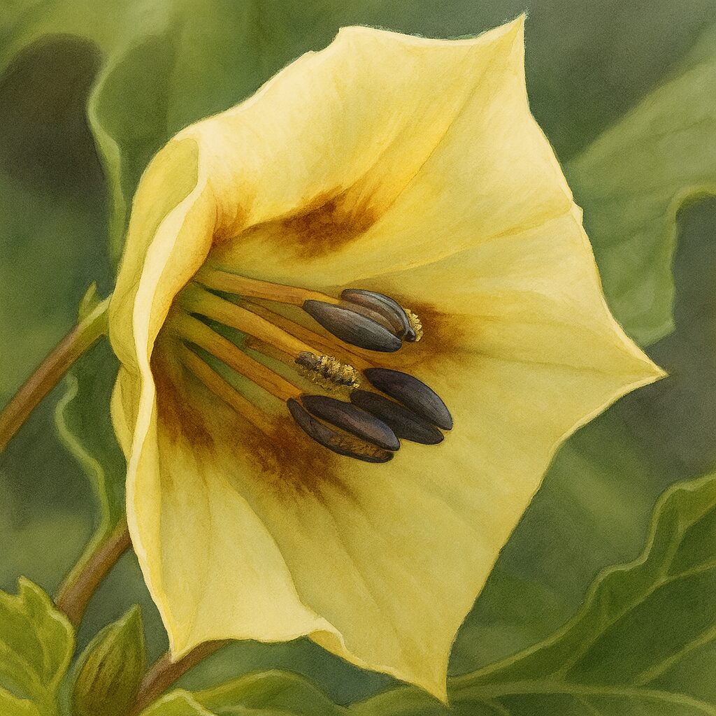 秋の日本で咲くヒロハフウリンホオズキの黄色い花を斜め角度からリアルに描いた植物イラスト